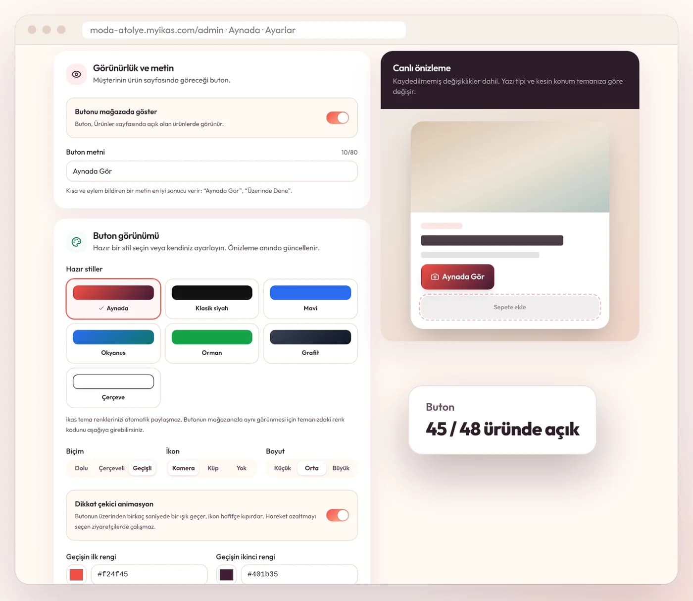 Einstellungen von Aynada: Button-Text, fertige Stile und Live-Vorschau