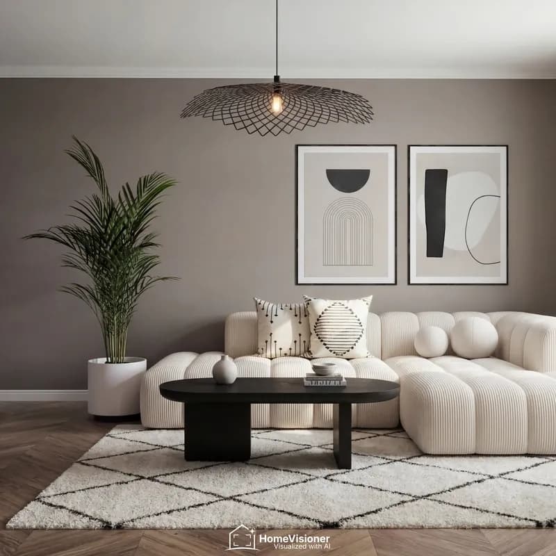 Wohnzimmer, nachher: derselbe Raum mit Sofa, Couchtisch und Teppich