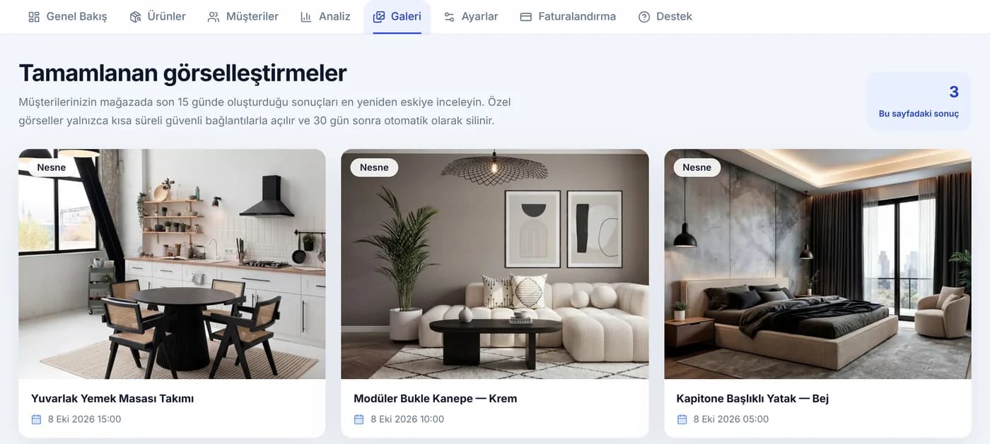 Galerie-Bildschirm von HomeVisioner: von Kunden erstellte Raumvisualisierungen mit Produktname und Datum