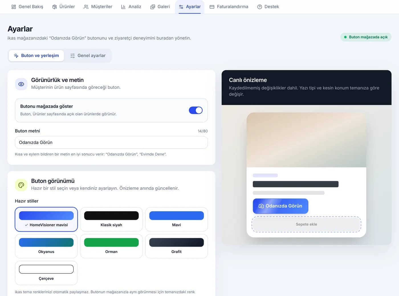 Einstellungen von HomeVisioner: Button-Text, fertige Stile und Live-Vorschau