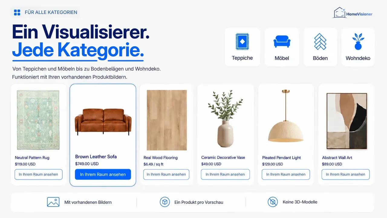 Produktkarten für einen gemusterten Teppich, ein Sofa, Holzboden, eine Vase, eine Pendelleuchte und ein Wandbild, jeweils mit „In Ihrem Raum ansehen“-Button