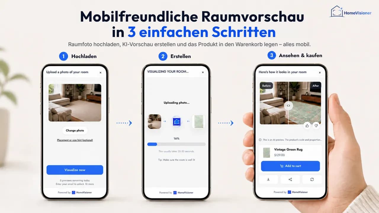 Drei Schritte auf dem Smartphone: Raumfoto hochladen, die Vorschau wird erstellt, dann das Vorher/Nachher-Ergebnis mit „In den Warenkorb“