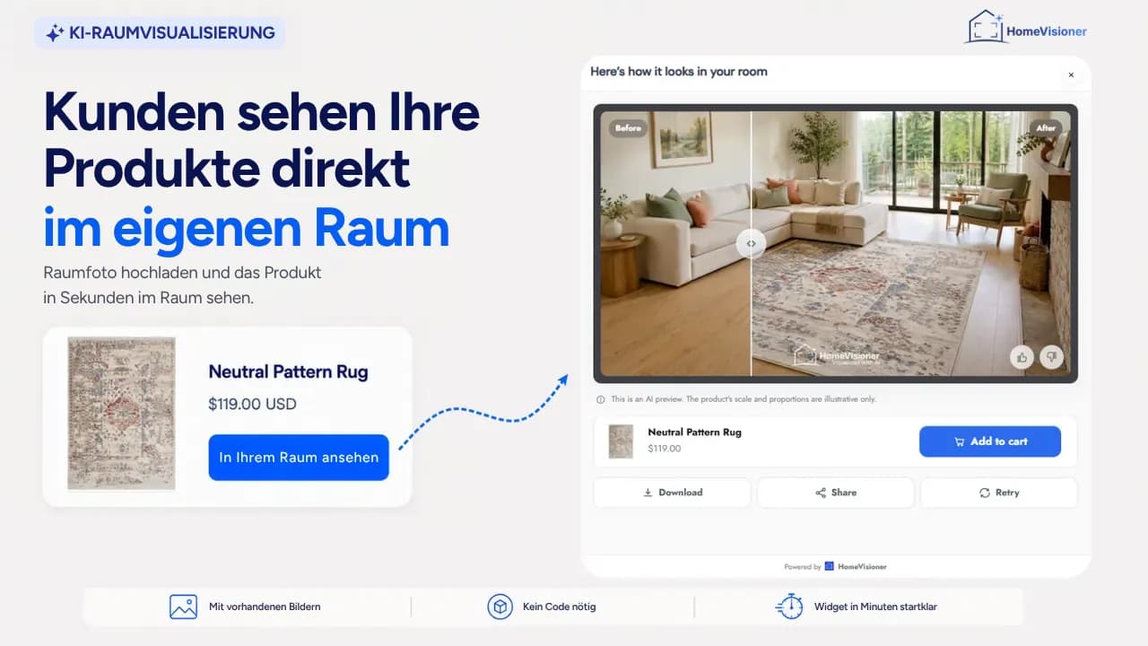 Die Ergebnisansicht des Widgets: ein Teppich im Wohnzimmer der Kundin mit Vorher/Nachher-Schieberegler, darunter „In den Warenkorb“, Herunterladen, Teilen und Wiederholen