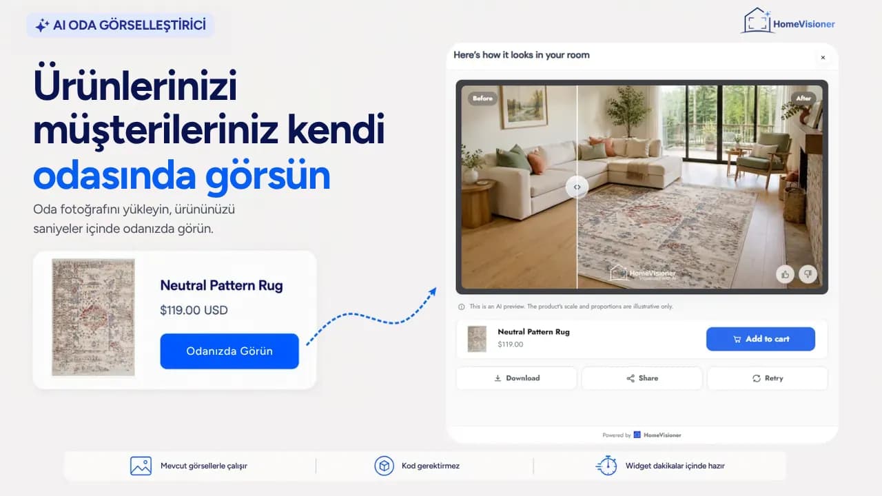 Widget'ın sonuç ekranı: müşterinin oturma odasına yerleştirilmiş bir halı, önce/sonra kaydırıcısı ve altında Sepete ekle, İndir, Paylaş ve Tekrar dene