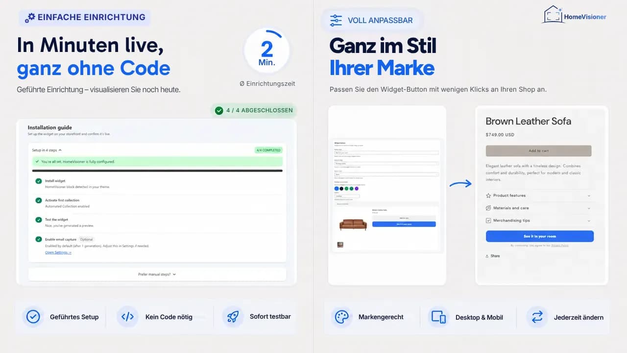 Die Installationsanleitung der App mit vier erledigten Schritten (Widget installieren, erste Collection aktivieren, Widget testen, E-Mail-Erfassung) und der an die Produktseite angepasste Widget-Button