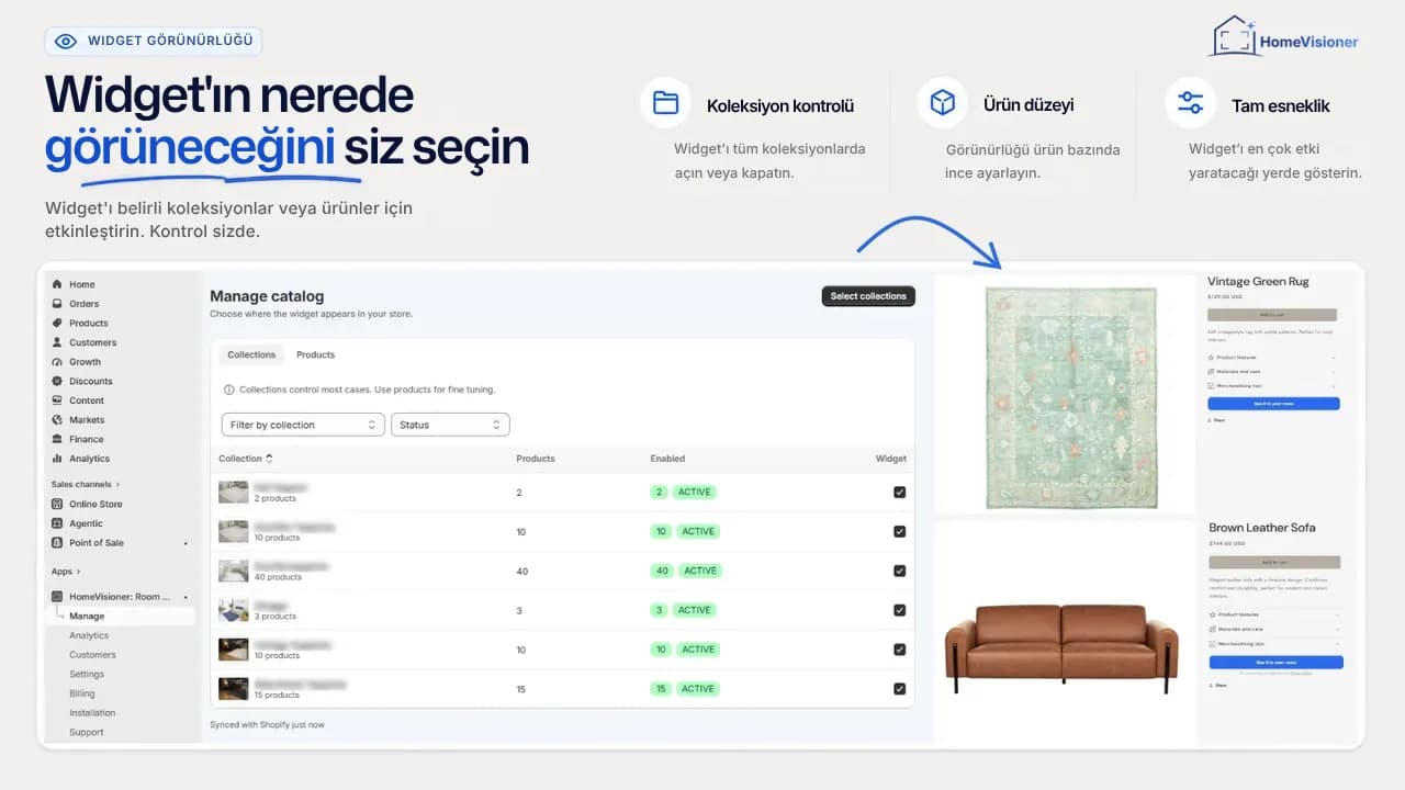 HomeVisioner uygulamasında “Yönet”: widget'ı açık koleksiyonlar ve butonu gösteren ürün sayfaları