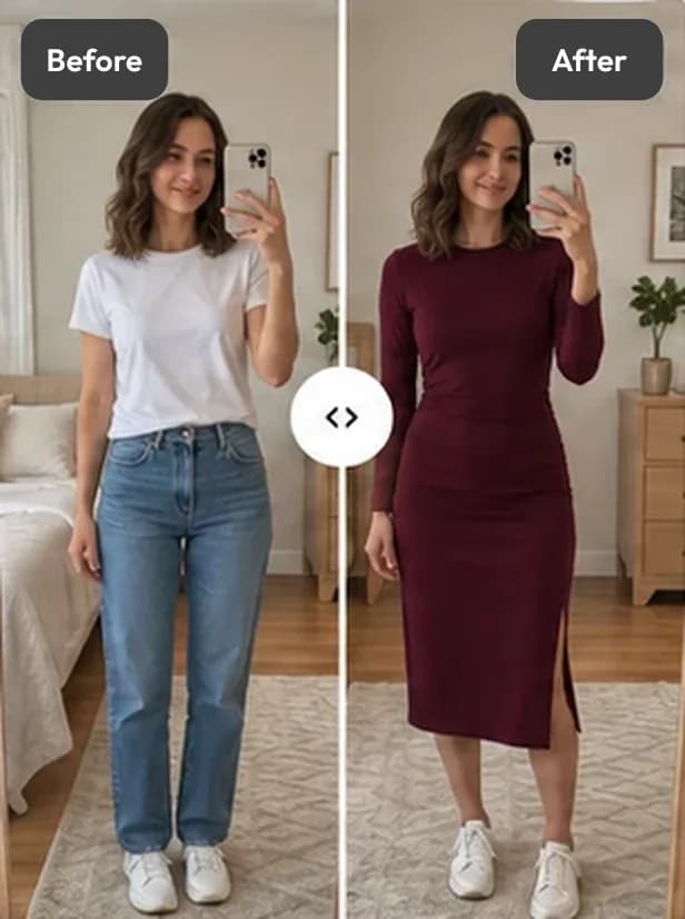 Before: the shopper’s mirror photo in a white T-shirt and jeans. After: the same photo as an AI preview wearing the burgundy midi dress.