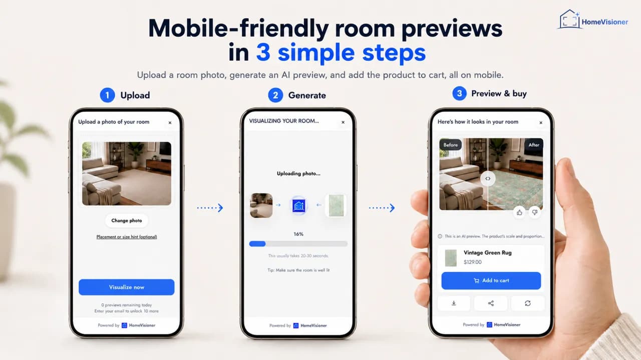 Three steps on a phone: upload a room photo, the preview is generated, then the before/after result with Add to cart