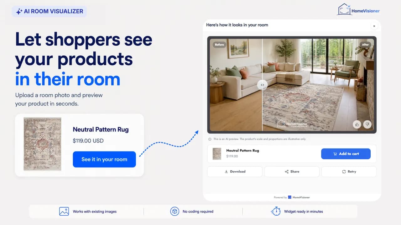 The widget's result view: a rug placed in the shopper's living room with a before/after slider, and Add to cart, Download, Share and Retry below it