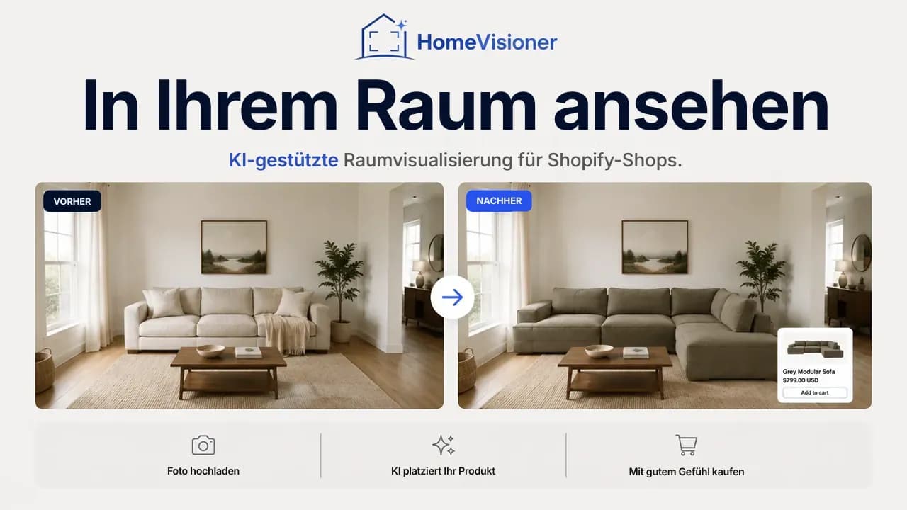 Vorher und nachher: ein Wohnzimmer mit hellem Sofa und dasselbe Zimmer mit einem grauen Ecksofa aus dem Shop, daneben „In den Warenkorb“