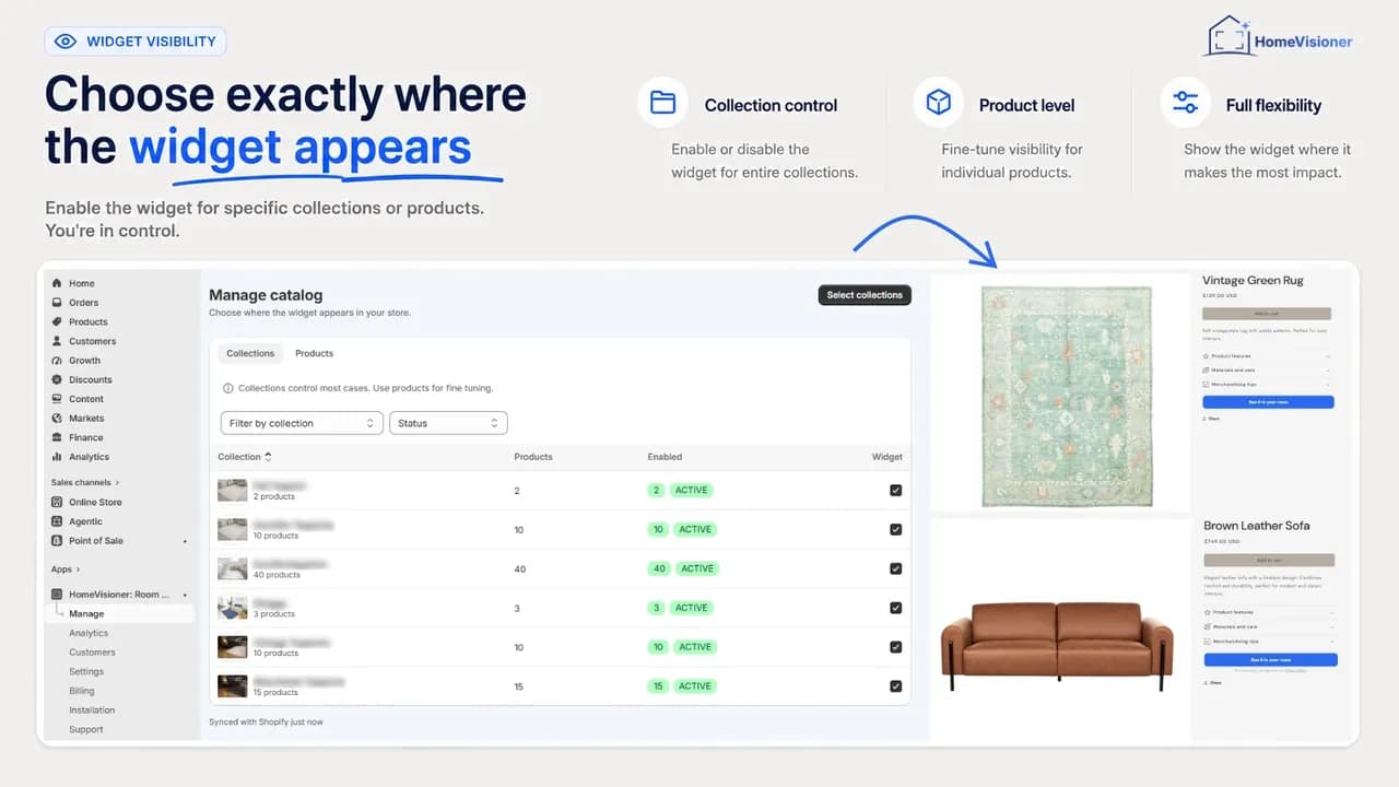 Manage in the HomeVisioner app: collections with the widget switched on, and the product pages that show the button