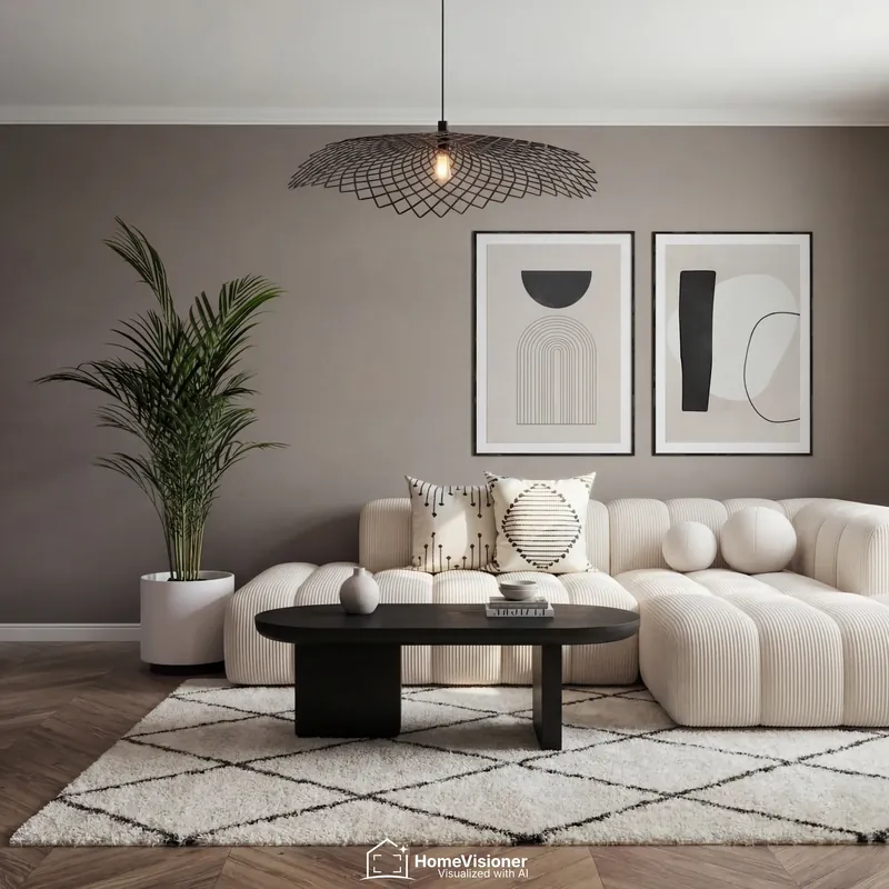 Nachher: dasselbe Wohnzimmer mit Sofa, Couchtisch und Teppich
