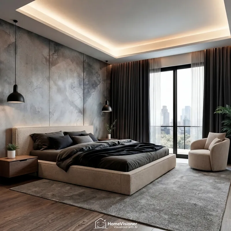 Nachher: dasselbe Schlafzimmer mit Bett, Sessel und Teppich