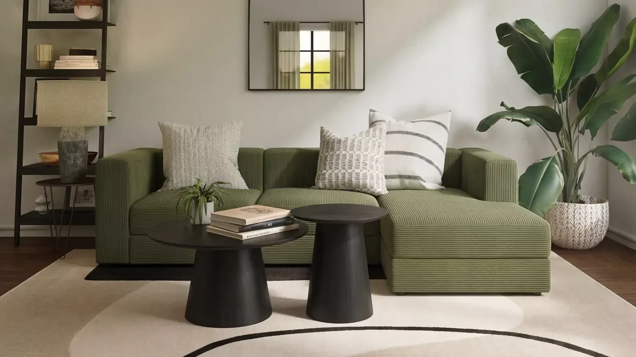 Dasselbe Wohnzimmer mit Ecksofa, Beistelltischen und Teppich, platziert von HomeVisioner