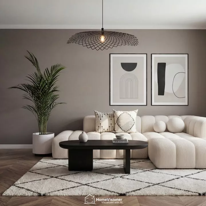 Ergebnis: dasselbe Wohnzimmer mit dem cremefarbenen Sofa, dem Couchtisch und einem Teppich